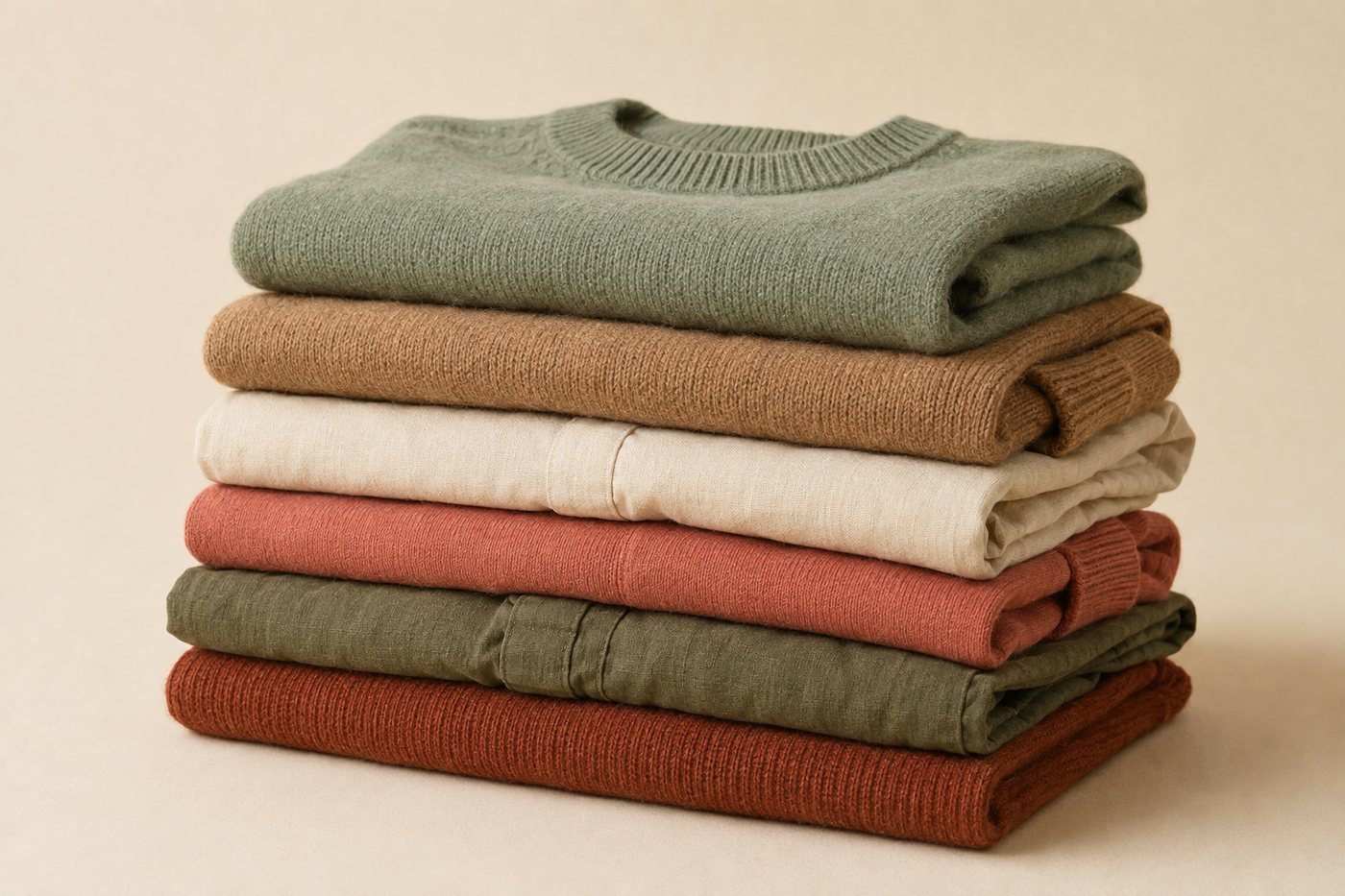 A stack of folded knitwear in warm, harmonious colors