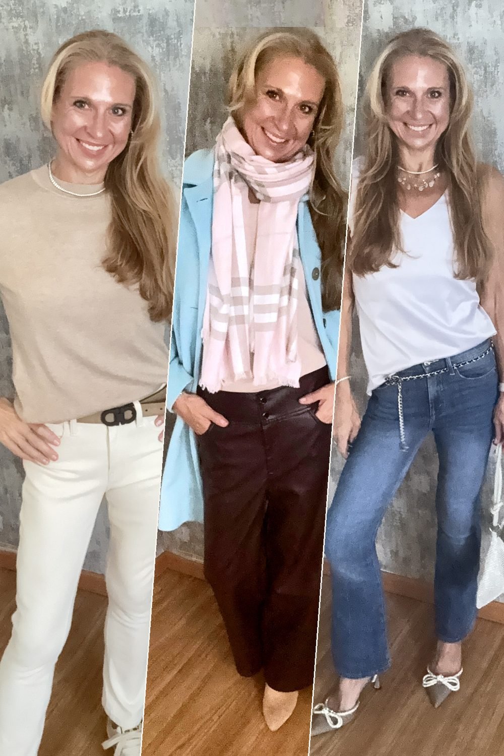Three outfits from Heather’s own wardrobe in angled panels: a taupe sweater with white jeans, a pale aqua coat with a blush scarf, and a pale cami with denim